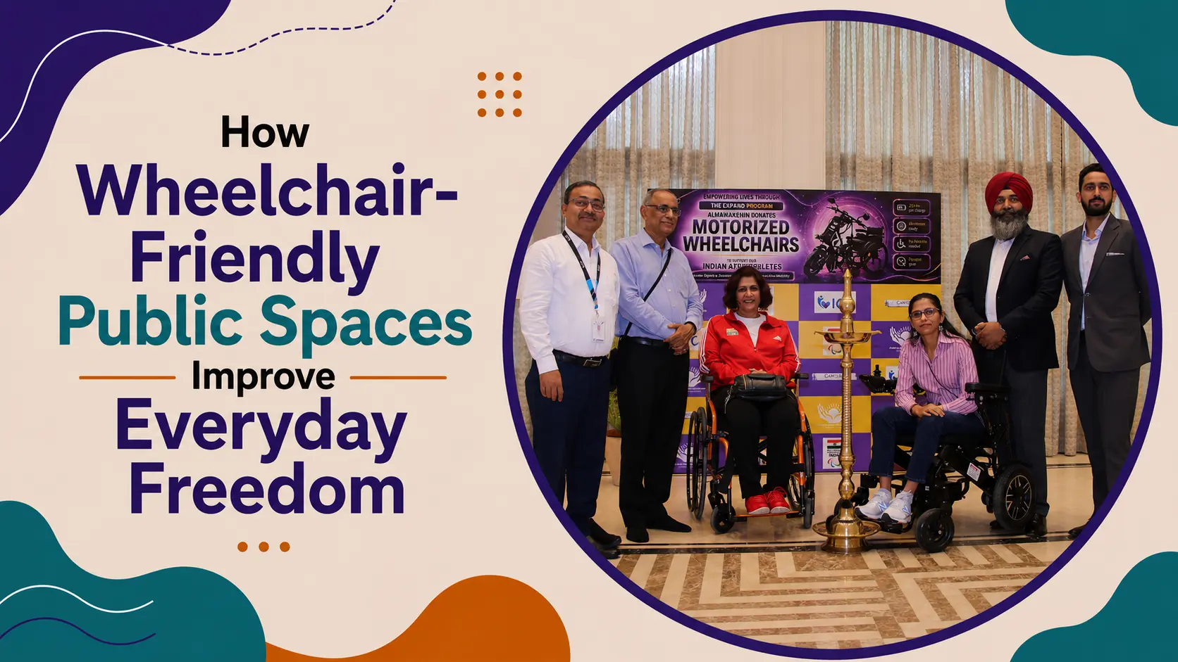 Wheelchair-friendly public spaces: a modern public square with broad even pathways, gentle ramps, and ample seating areas, il